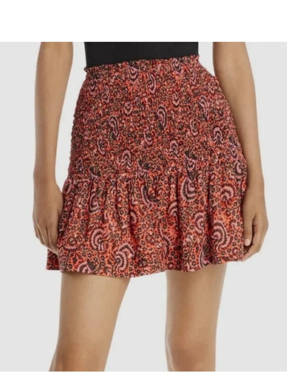 A.L.C. Silk Smocked Mini Skirt Paisley Orange Pink Boho Designer NWT
